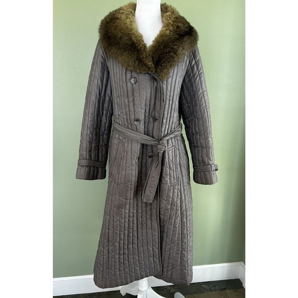 Fleet Street Coat Long Possum Fur Collar Double Breasted Trench Sz Large 12 14‌‌ - Picture 3 of 16